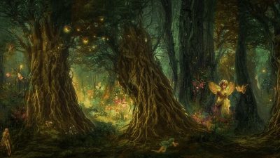 电影《沉睡魔咒》场景，黑暗森林中的魔法光效，蓝紫色调，魔咒题材影视代表作